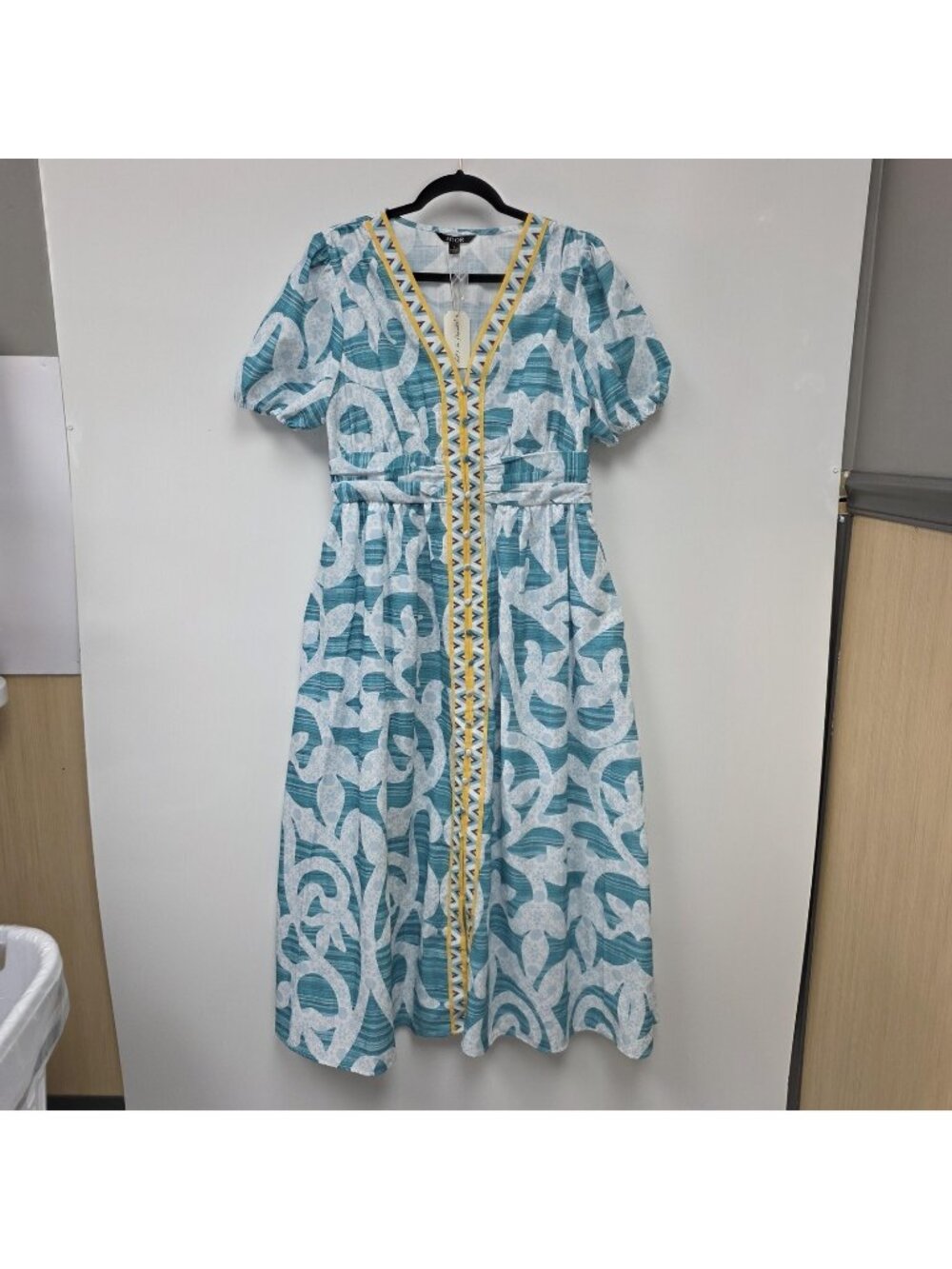 ADOR Dress Womens XL Blue Geometric Puff Sleeve V Neck Midi Pockets Boho